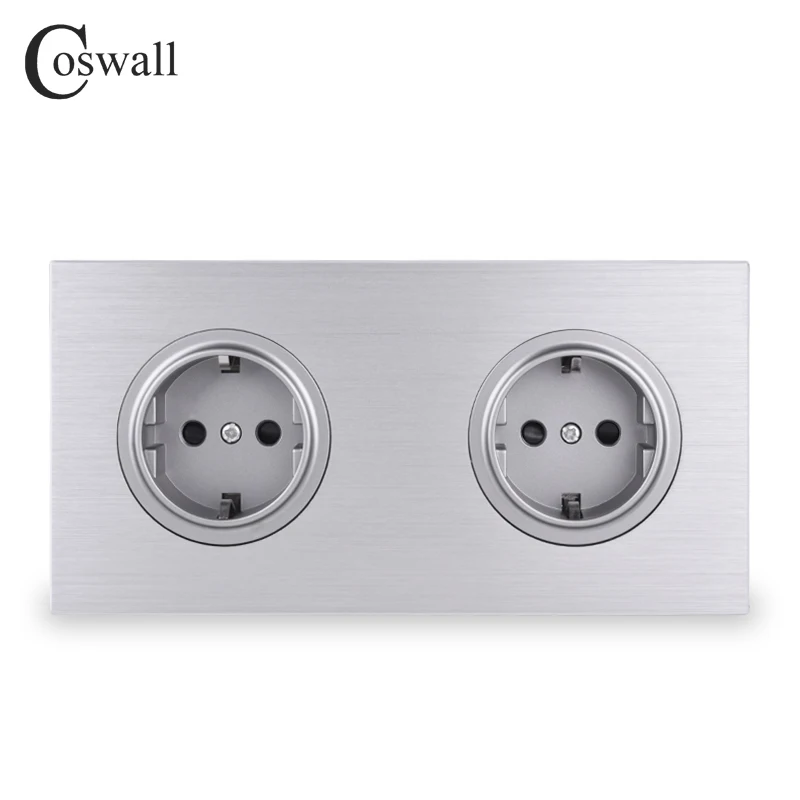 Coswall Brushed Black / Silver Grey Aluminum Metal Panel Double EU Russia Wall Socket Grounded With Children Protective Door