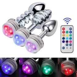 Tapón Anal de Metal con Control remoto, decoloración, luz LED, cuentas anales, masajeador de próstata, consolador, tapón Anal, juguetes sexuales para hombres y mujeres