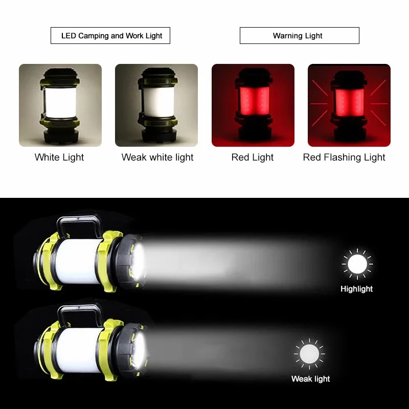 Imagem -02 - Portátil Recarregável Portátil Led Luz de Acampamento Usb Busca Luz Luz da Barraca Pesca ao ar Livre Impermeável 18650 Trabalhando