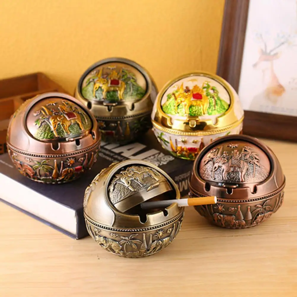 Windproof Ash Tray Vintage Zinc Alloy Flower Pattern Globe-Cigarette Ashtray Lid-Tabletop Portable Home Decor Ashtrays for Home