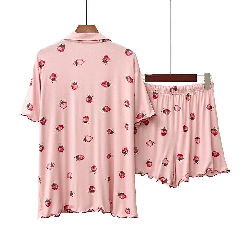 The New Modal Fresh Lovely Wood Ear Ladies Pajamas Strawberry Print Loose Short-Sleeved Shorts Lapel Cardigan Suit Summer