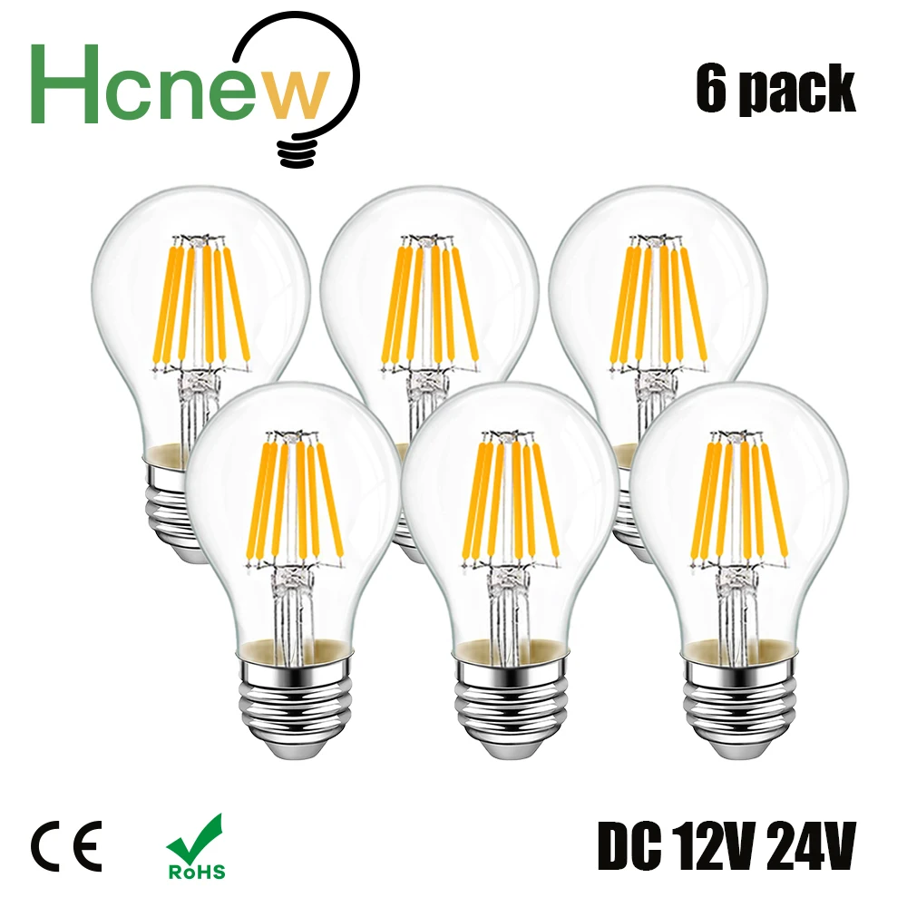 Hcnew Led Filament Bulb A19 DC 12V 24V Low Voltage 6W Globe led Bulbs Daylight White 4500K Warm White 2700K RV Locomotive Room