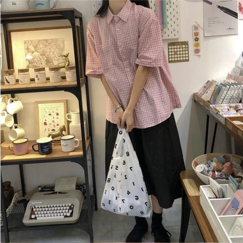 Summer Shirts Women Harajuku Plaid Blouses Short Sleeve Daily Streetwear Sweet Simple Ins Tops Korean Style Loose Girls Outwear