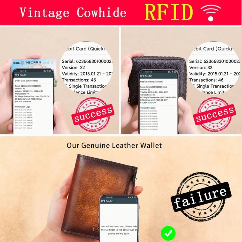 Men's Genuine Leather Wallet Vintage Short Multi Function Business Card Holder RFID Blocking Zipper Coin Pocket Money Clip