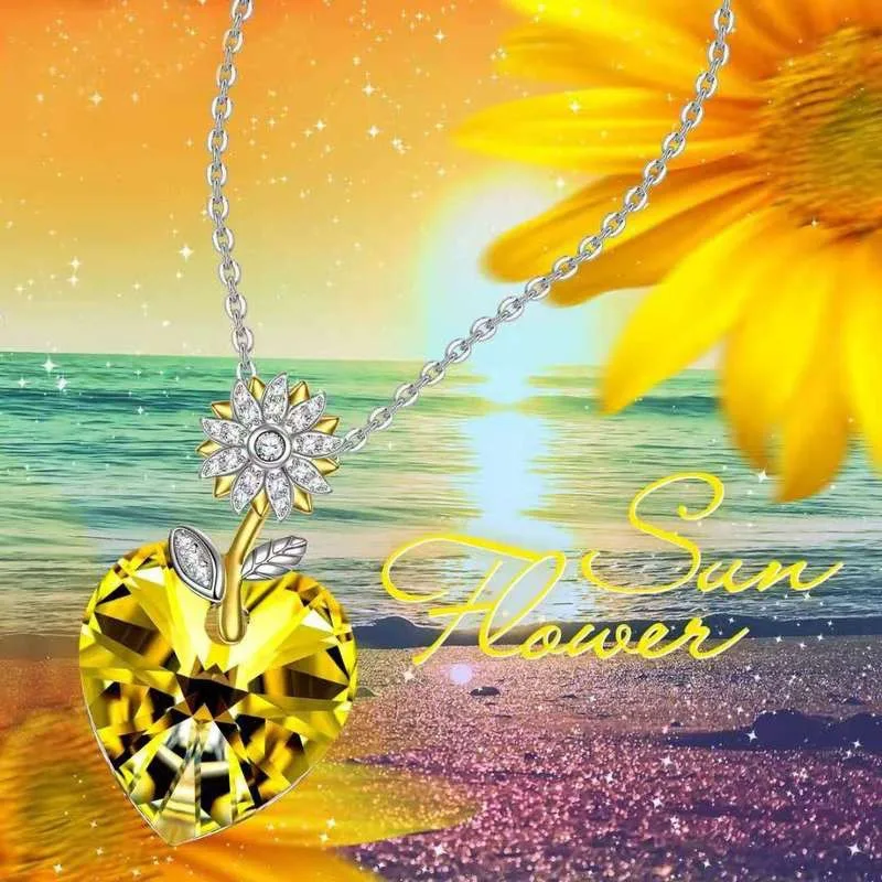 2023 Cute Fashion SUNFLOWER Yellow Crystal Heart-Shaped Women's Necklace Pendant Necklace Joyero Jeweler Gothic Accessories