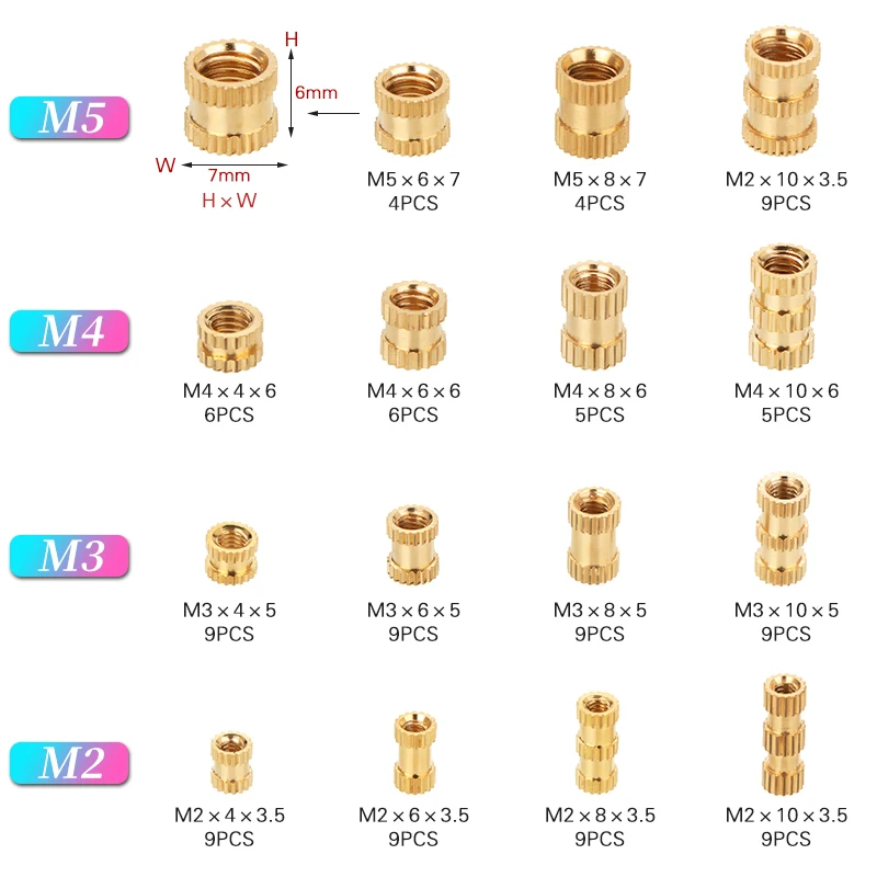 106Pcs M2 M3 M4 M5 Female Thread Knurled Brass Threaded Insert Embedment Nut for 3D Printing Threaded Heat Set Inserts