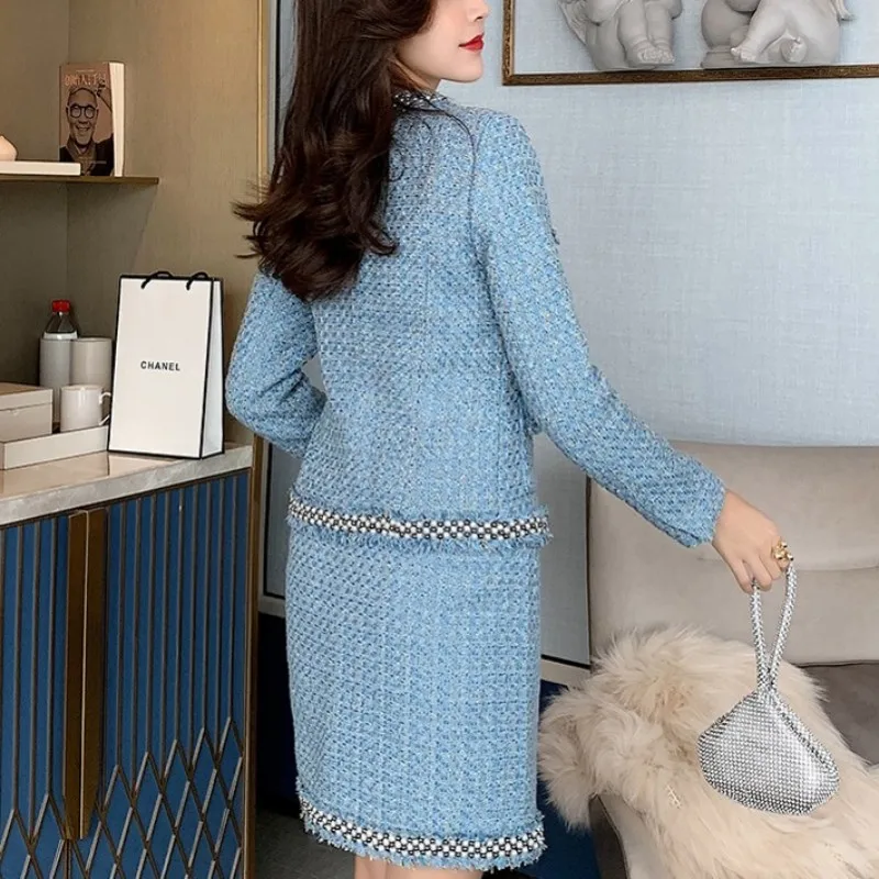 Fashion Women Beaded Sequined Plaid Tweed Jacket Mini Skirt Two Piece Sets New O-Neck Blue Elegant Ladies Skirt Matching Set S-L