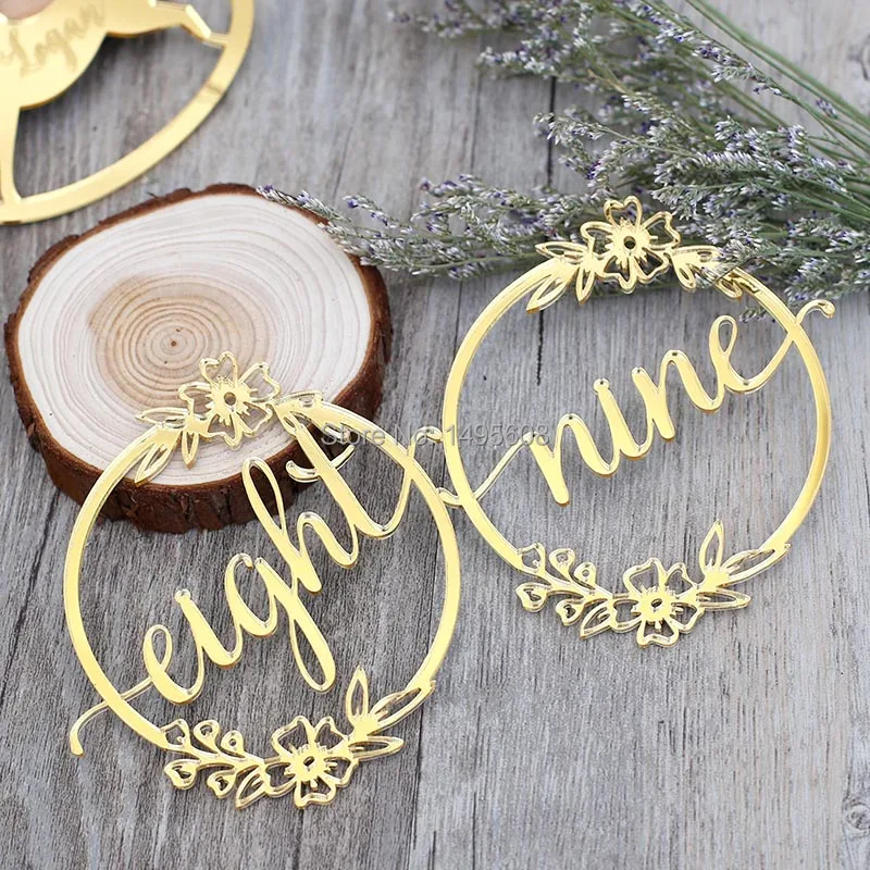 

Customized Laser cut Name wreath design mirror gold or sliver Setting numbers,Vintage name Cards Wedding gifts for guests