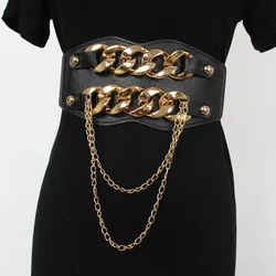 Women's Runway Fashion PU Leather Elastic Chain Cummerbunds Female Dress Corsets Waistband Belts Decoration Wide Belt R567