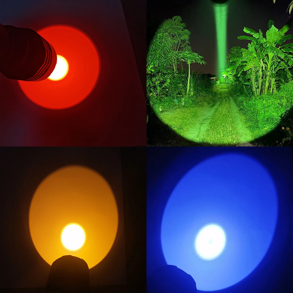 comboio lanterna led com verde amarelo azul branco e vermelho luz camping torch caca ferramenta flash edc c8 plus 18650 01