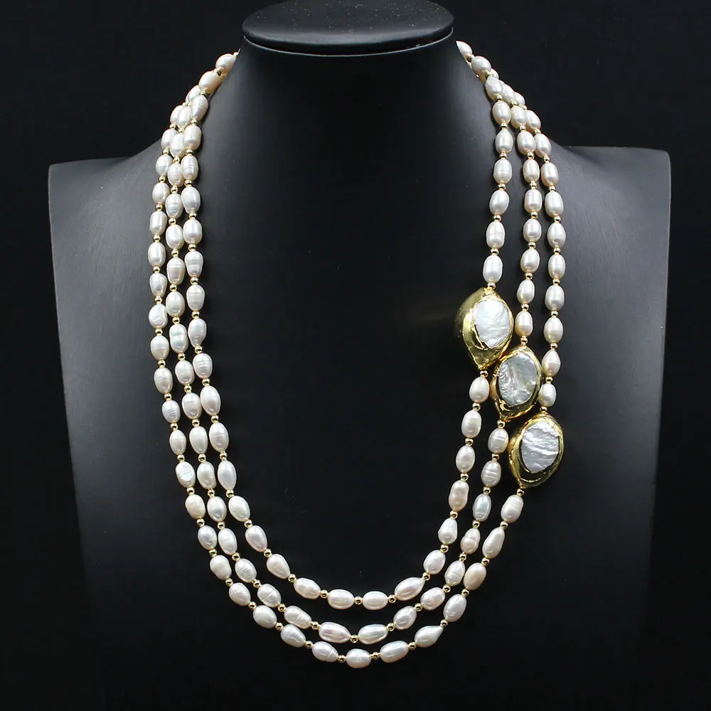 

3 Rows Cultured Rice Pearl Necklace Keshi Pearl Gold Plated Connector Chokers Lady Jewelry Gifts