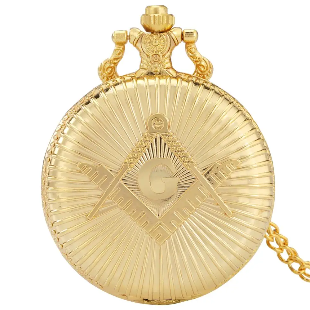 Luxury Gold Freemasonry Masonic G Logo Theme Quartz Pocket Watch Standard Round Dial Necklace Pocket Souvenir Jewelry Clock Gift