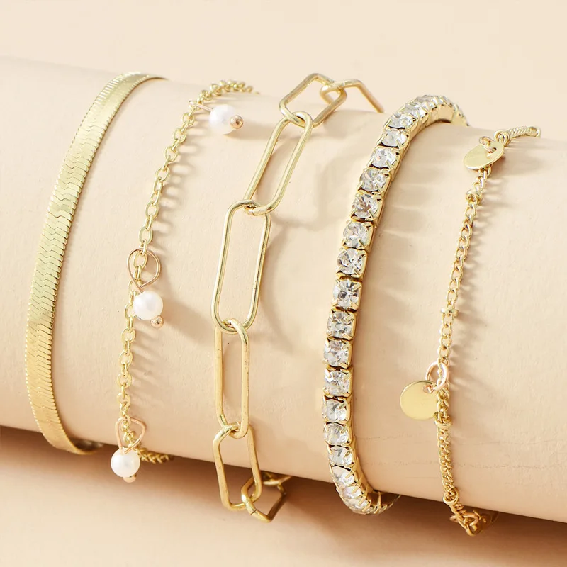 Boho Multilevel Bracelet Fashion Bracelets For Women New Vintage Geometric Crystal Faux Pearl Snake Chain Jewelry Party Gift