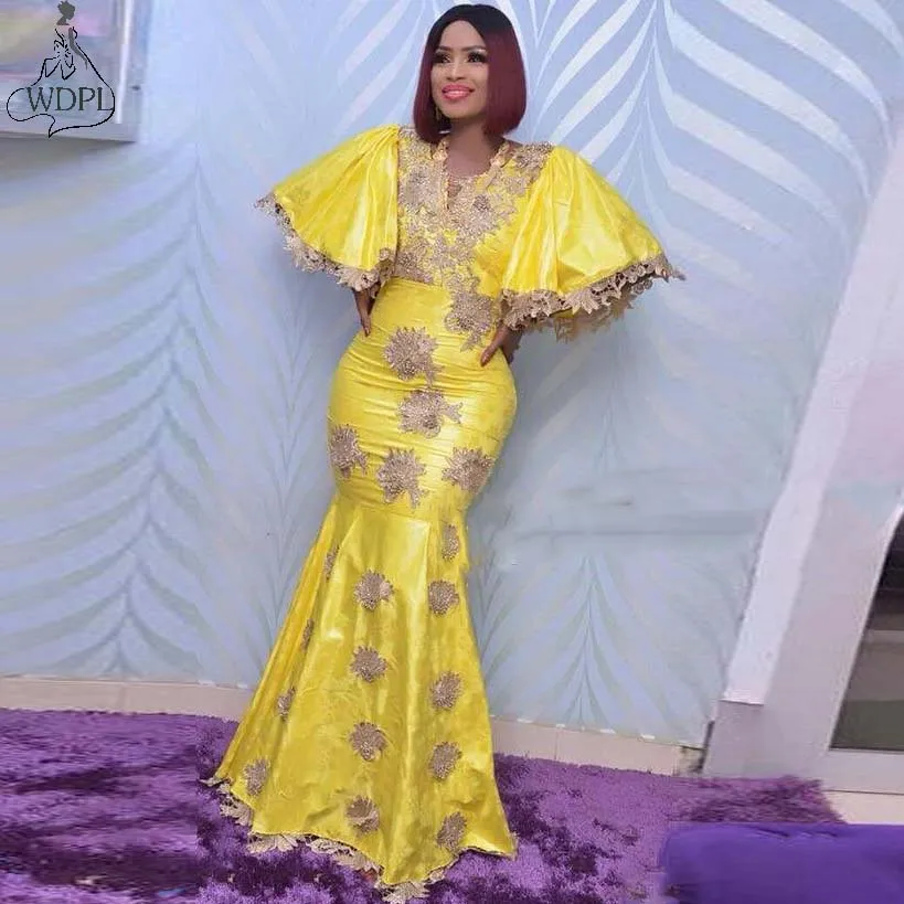 สีเหลืองสดใส Mermaid Evening Dress Plus ขนาด Puffy แขนสั้นแอฟริกันอาหรับยาวชุดราตรีลูกไม้ Appliques Robe de soiree