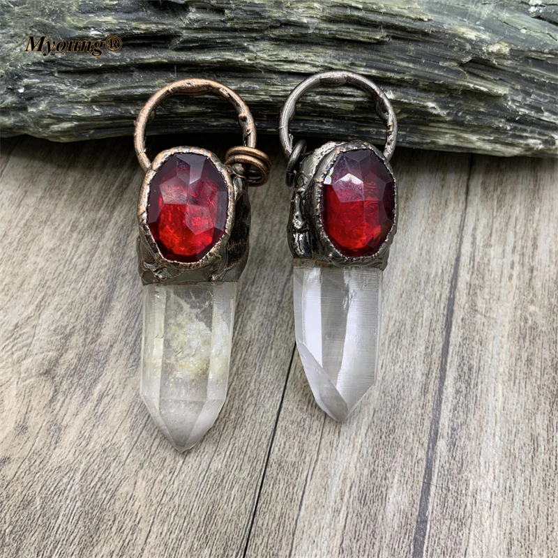 5PCS Soldered Bronze Natural White Crystal Stick Point Vintage Pendant Red Glass Bead Paved Boho Necklace Jewelry MY210742
