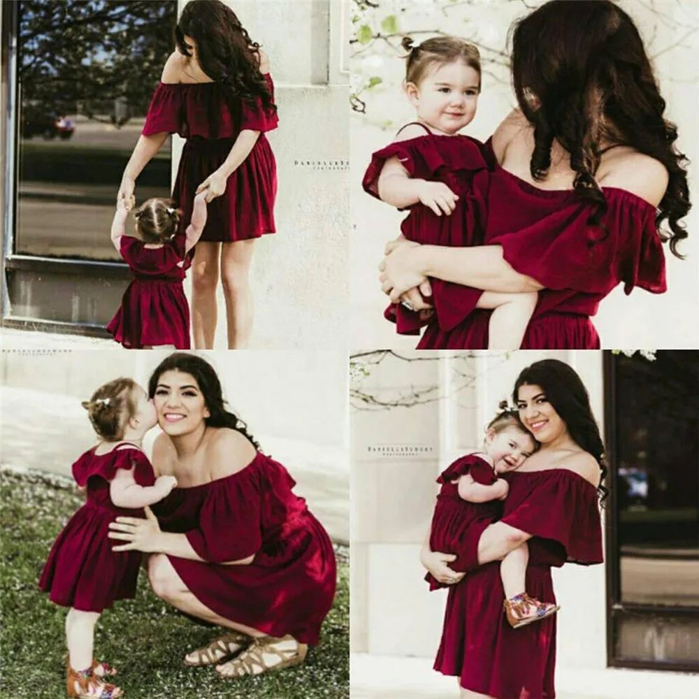 NASHAKAITE Summer Mom and daughter Dress Ruffles Sexy Off Shoulder Red Wine Dresses For Mother Daughter Mum And Daughter Clothes