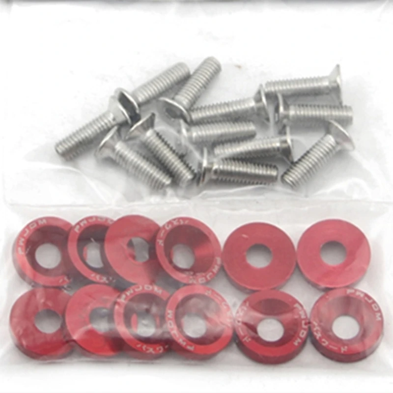 10pcs Red Aluminum JDM Fender Washers and M6 Bolt Car Modified Hex Fasteners Fender Washer Bumper Engine Concave Screws