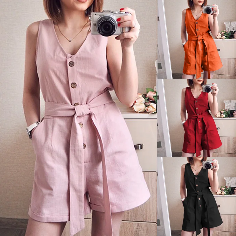 

Women Fashion Button Belt V-neck Jumpsuit Sleeveless Romper Female Playsuit Bodysuit Overalls