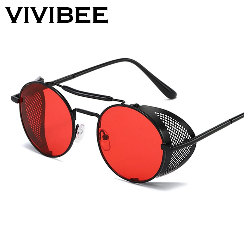 Okulary Steampunk VIVIBEE Męskie 2026 Modne Gotyckie Okrągłe Metalowe Okulary Punk z Czerwonego Stopu Retro Okulary Przeciwsłoneczne na Imprezę