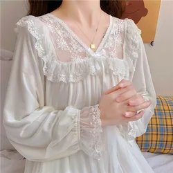 Weiß Stickerei Spitze Nacht Kleid Frauen Lolita Nachtwäsche Prinzessin Damen Victorian Vintage Nachthemden Peignoirs Mädchen Lounge Tragen