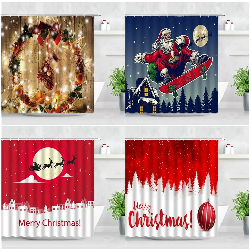 Christmas Shower Curtains Sets Happy Santa Claus Wreath Red Xmas Theme Decor Bathroom With Hooks Polyester Fabric Bath Curtain