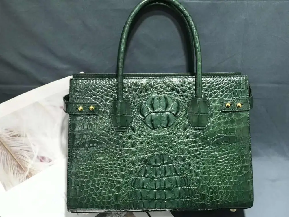 Top quality genuine crocodile skin women tote handbag alligator head back leather handbag with cow skin lining green burgundy