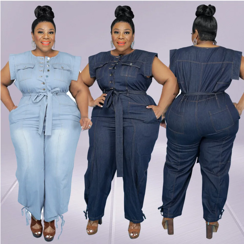 Tuta Plus Size abbigliamento donna Denim girocollo allacciato senza maniche pantaloni tasca Stretch body Dropshipping all'ingrosso