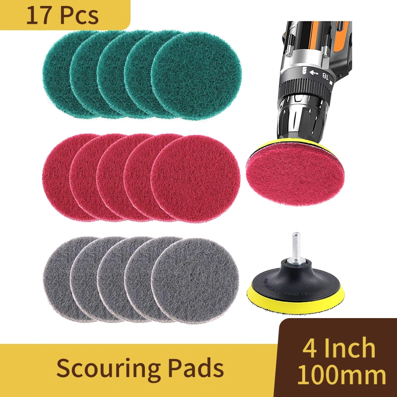 17 Pcs 4 Inch Drill Power Brush Tile Scrubber Scouring Pads Cleaning Kit with Disc Pad Holder for Bathroom & Kitchen Cleaning