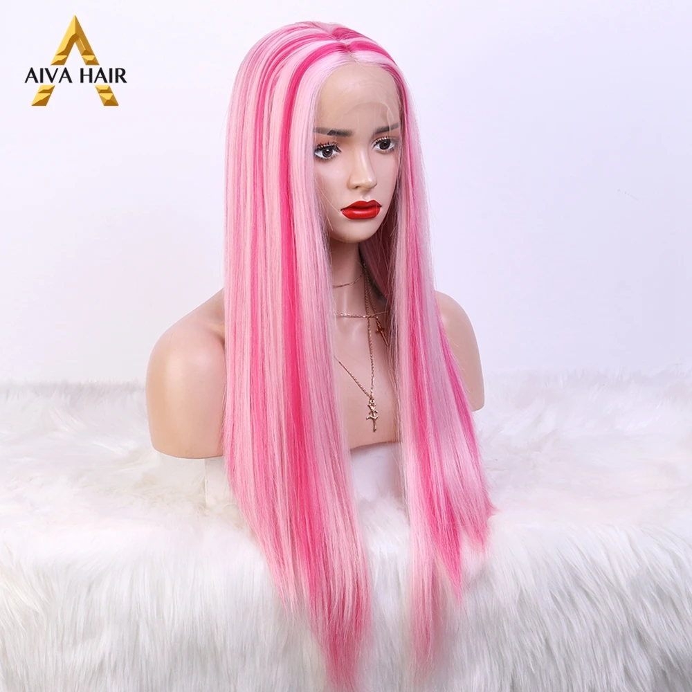 Highlight Pink 30Inch Synthetic 13X4 Lace Front Wig Pre Plucked Hot Pink Color Drag Queen Cosplay Wigs For Women 180% Aiva