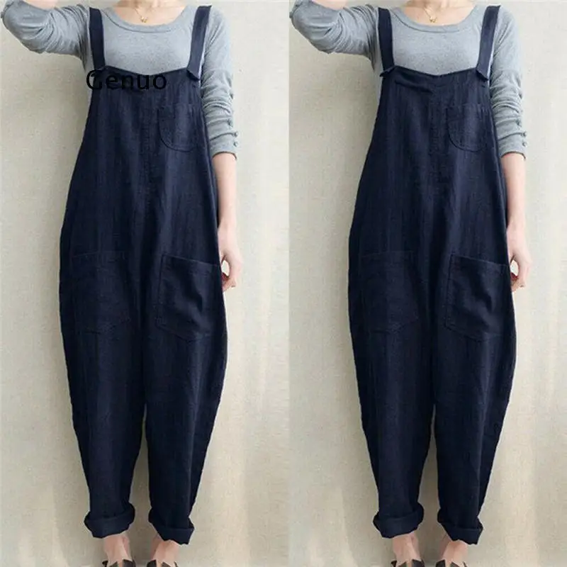 Womens Sleeveless Dungarees Rompers Cotton Linen Jumpsuit Loose Preppy Style Pants Casual Pocket Overalls Playsuits