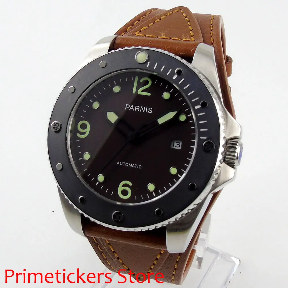 

Silver color case 43mm PARNIS black dial sapphire glass black ceramic bezel automatic mens watch date