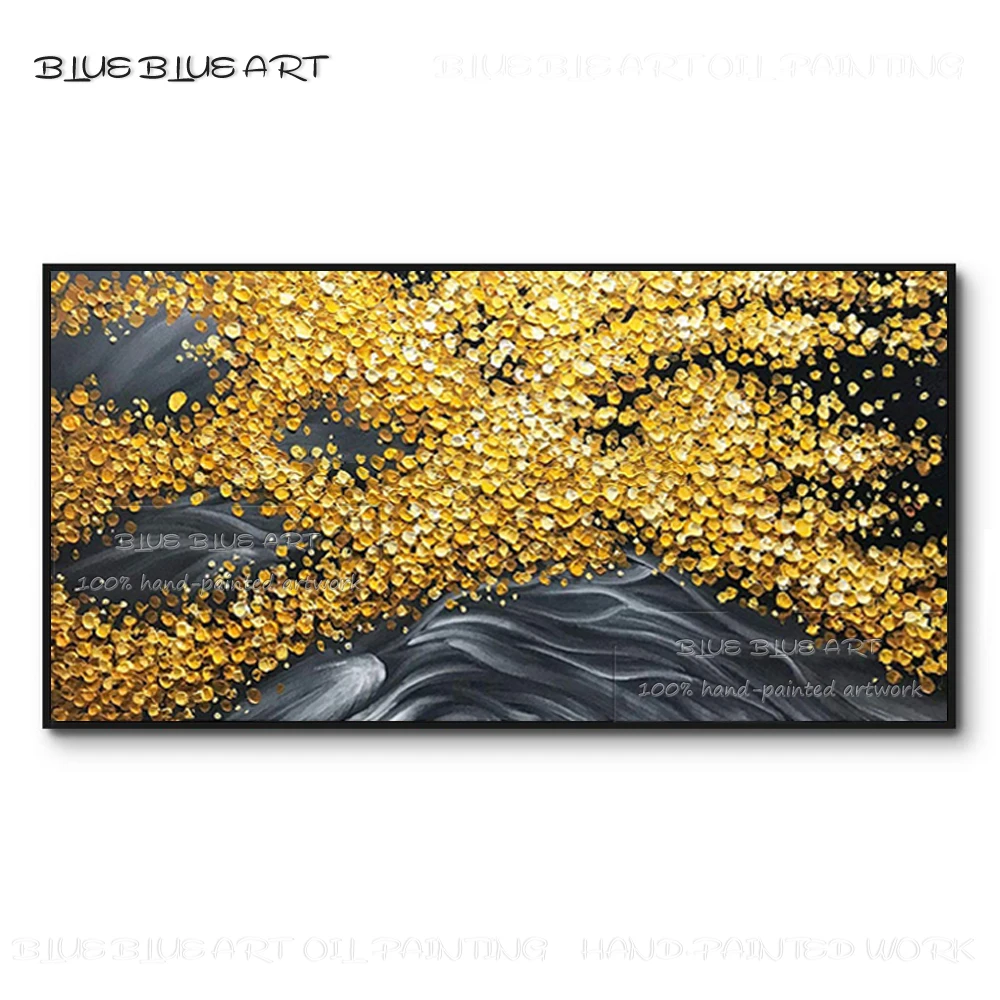 

Unique Design Hand-painted Flowing Golden Colors Oil Painting Mural Art No Frame Abstract Thick Yellow Gold Paints Oil Painting