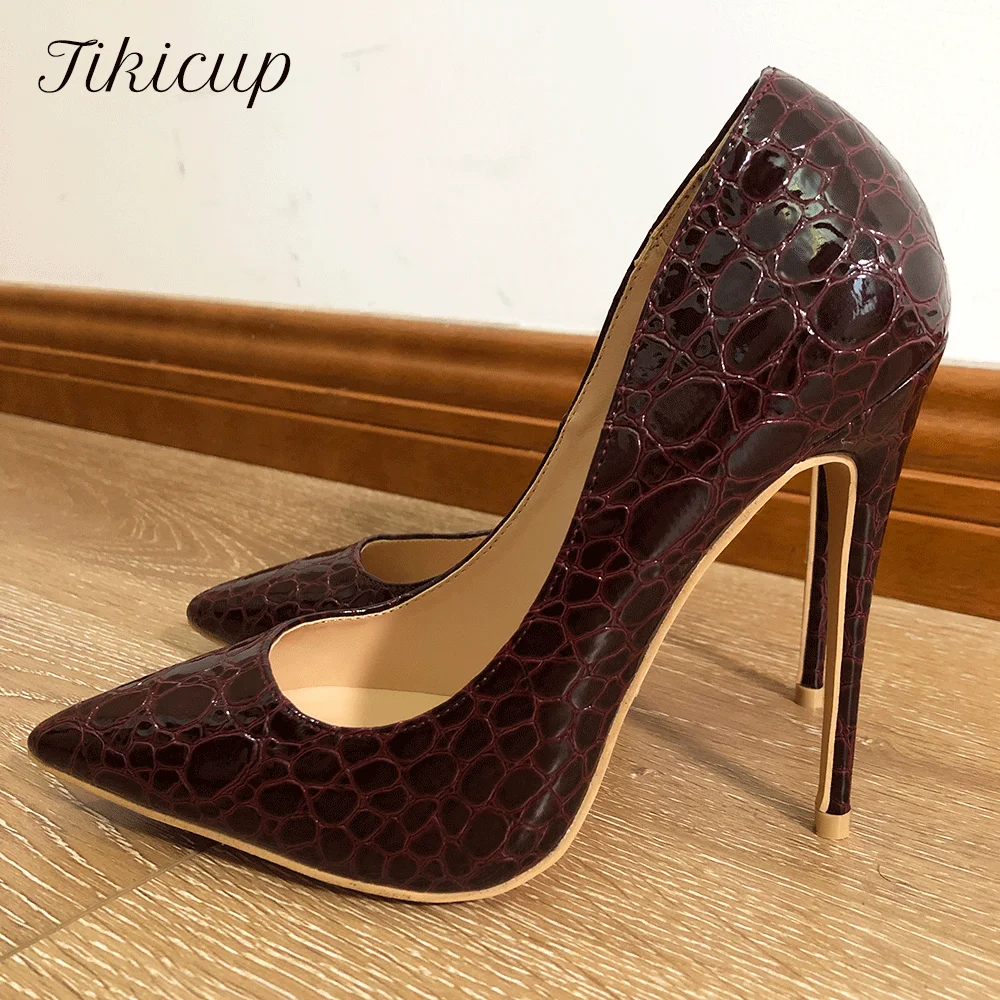 Tikicup Women Burgundy Crocodile-Effect Pointed Toe Stiletto Pumps Wine Red Slip On Extremely High Heels for Sexy Ladies 33-45