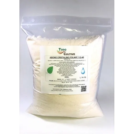 NPK 7-12-40 hydrosoluble foliar fertilizer with microelements, favors the formation and storage of reserve substances in the fruit, increase their content in glutes and oils