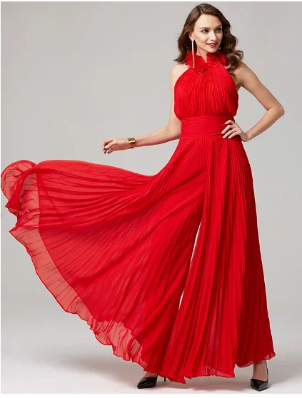 Jumpsuits Hot Red 3D Flowers Formal Evening Dress High Neck Sleeveless Floor Length Chiffon Prom Party Gowns vestidos festa