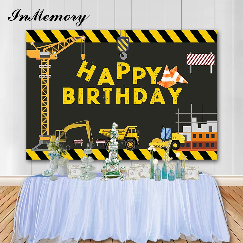 

InMemory Construction Birthday Backdrop Photo Studio Banner Excavator Boy Happy Birthday Photography Background Vinyl Props