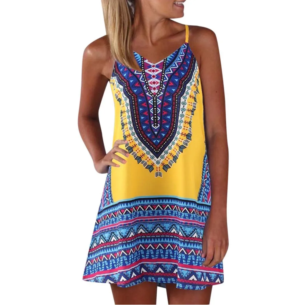 2021 Zomer Gypsy Beach Kleurrijke Jurk Korte Spaghetti Digital Print Jarretel Jurk Rok Vrouwen Nachtkleding Maat S Tot 3XL