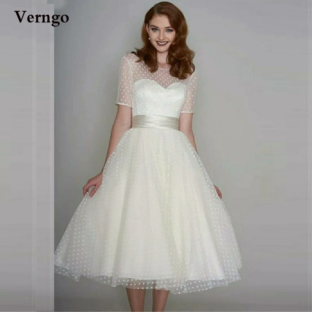 Verngo Modest Ivory Dotted Tulle Wedding Dresses Short Sleeves Scoop Neck Women Knee Length Bridal Party Gowns With Bow Sash