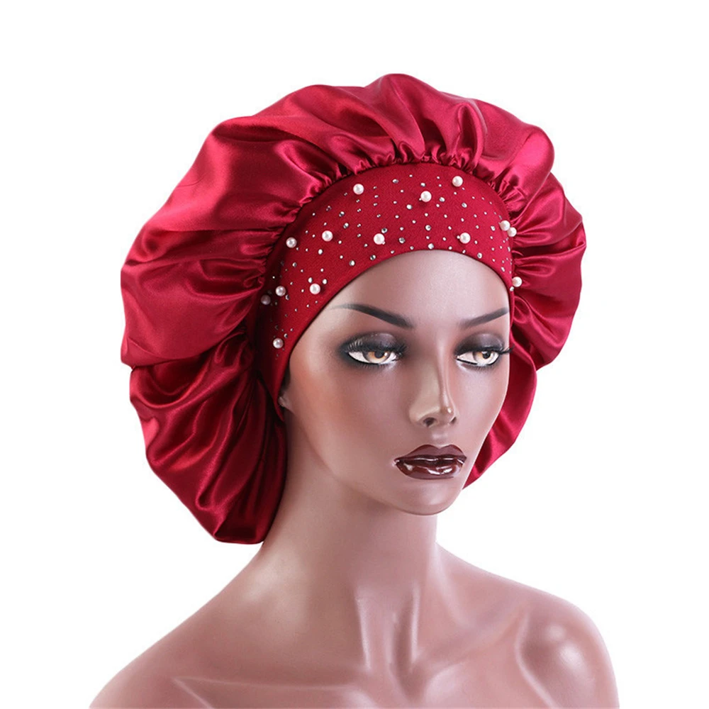 10 Color Elastic Wide Bonnet Silk Hair Care Night Sleep Cap Diamond Satin Solid Shower Hat Head Cover For Women Beauty Nightcap