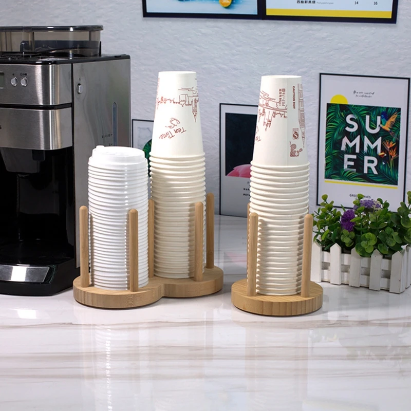 Disposable Cup Storage Holder Rack Shelf Water Tea Cups Wood Dispenser with Longer Stick Mug Display Stand Organizer