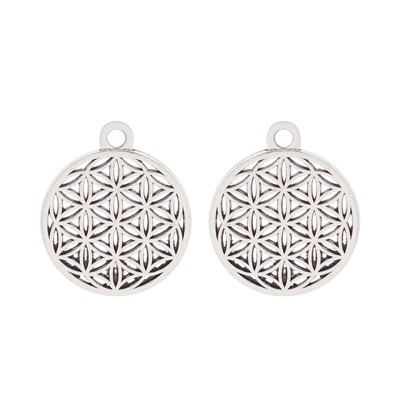 ZXZ 30pcs Tibetan Silver Tone Flower Of Life Round Circle Charms Pendants 2 Sided for DIY Jewelry Making Accessories 18x18mm