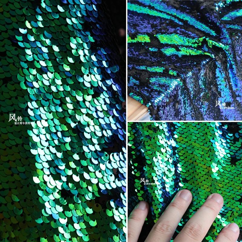 Embroidered Sequins Tulle Fabric Green Fish Scales DIY Background Decor Skirt Dress Stage Clothing Designer Fabric