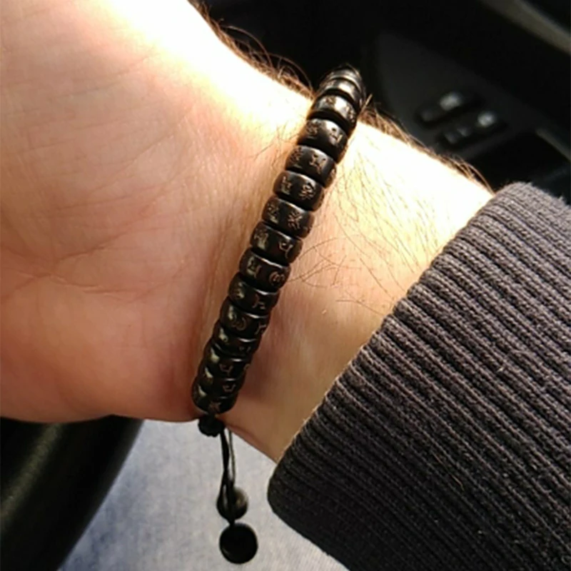 سوار الخشب الطبيعي أوم قابل للتعديل اليوغا التأمل الصلاة مجوهرات اكسسوارات بوذا الرونية مضفر براكليت هدية له