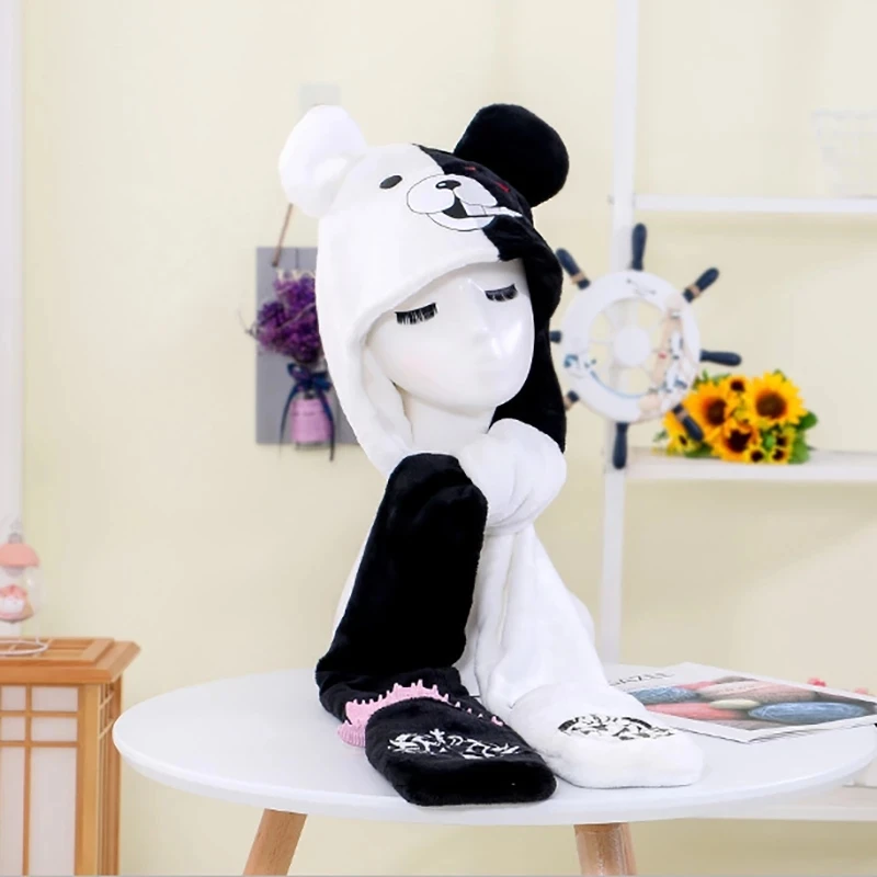 Game Danganronpa Monokuma Plush Hat Long Stuffed Soft Beanie Anime Character Headgear Black White Bear Scarf Earflap Cap Gifts