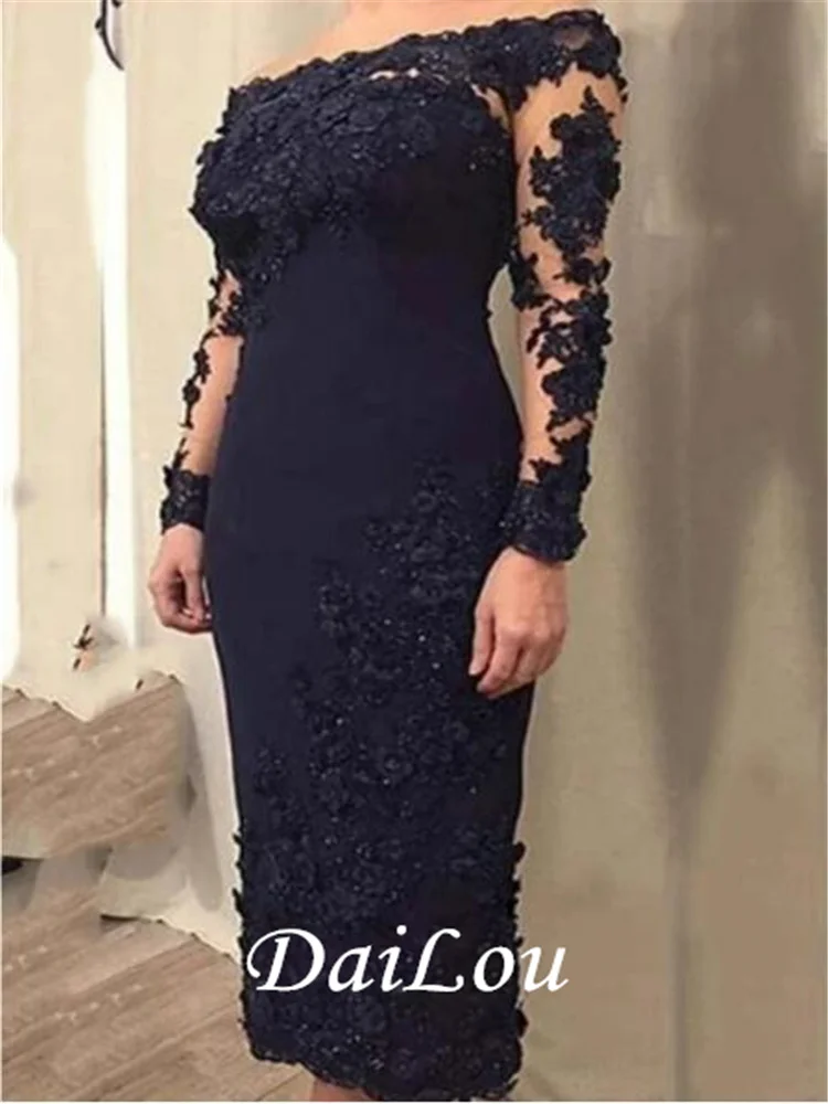 Sheath / Column Mother of the Bride Dress Elegant Off Shoulder Tea-Length Lace Satin Long Sleeve with Appliques 2021