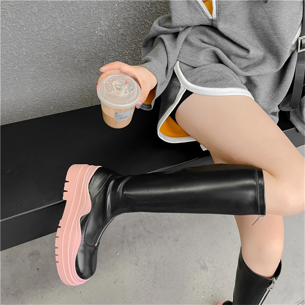 DoraTasia Brand New Fashion Women's Knee High Boots Platform Thick Sole Chunky Heels Motorcycle Boots Female Goth Casual Shoes