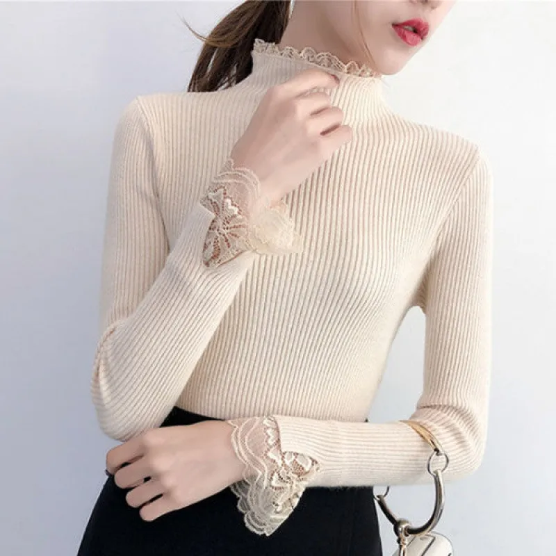 2020 Autumn Winter Women Sweater Lace Turtleneck Sweaters Female Long Sleeve Knitted Pullovers Casual Jumper Femme Pull P315