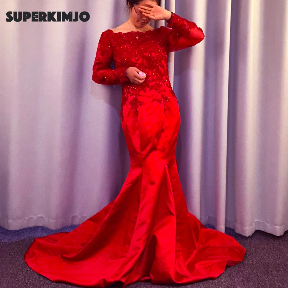 Real prom-Vestidos de Fiesta rojo, manga larga, Apliques de encaje, perlas, sirena, satén, vestidos de noche, 2020