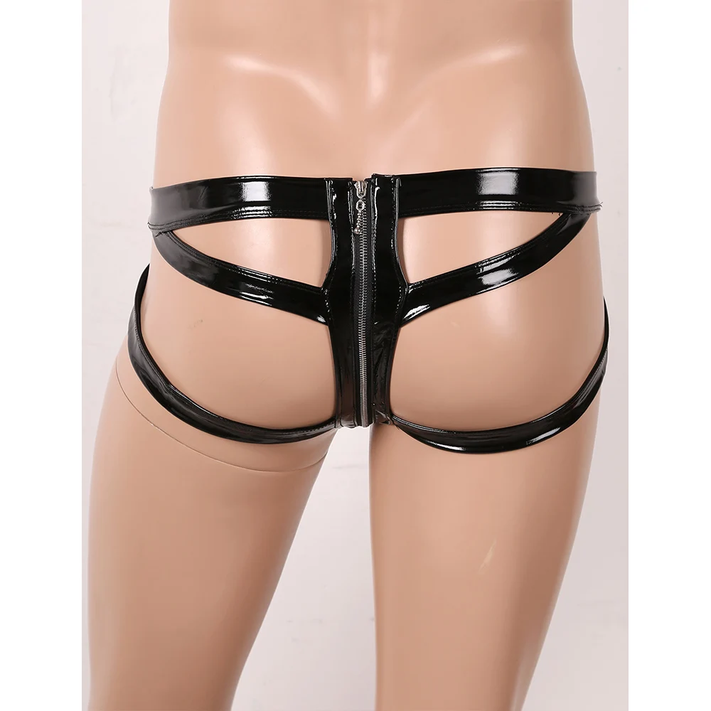 Jockstrap String pour hommes, sous-vêtements genci, look de support, cuir verni, lingerie, poudres bombées, dos découpé, slips à fermeture éclair à double extrémité