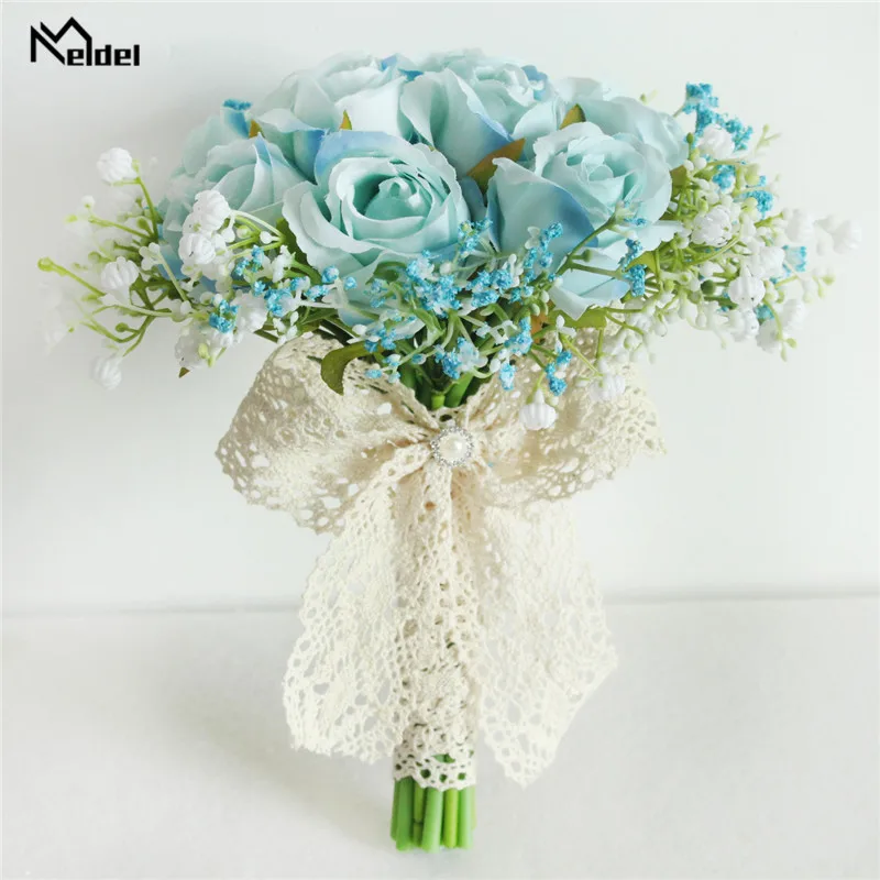 Meldel-Seda Artificial Rose Flor Buquê, Noiva, Casamento, Baby Breath, Dama de honra, Irmã, Bouquets Decoração